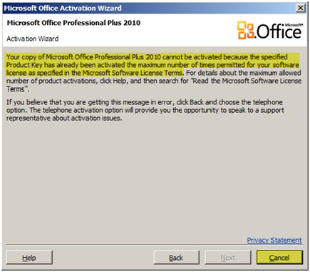 microsoft office 10 product activation failed
